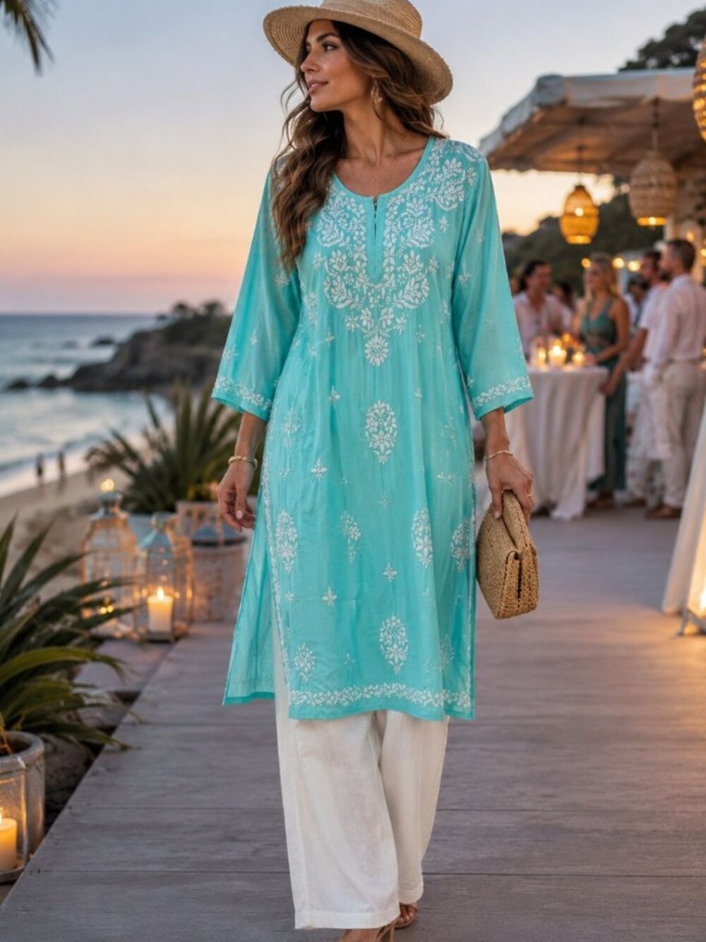 Handmade Large Flowy Aqua Coastal Embroidered Tunic Long Kurta Floral Boho